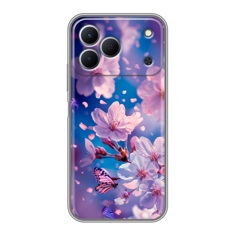 Силиконовый чехол на Tecno Spark 50 с принтом цветы бабочки Силиконовый чехол на Tecno Spark 50 с принтом цветы бабочки