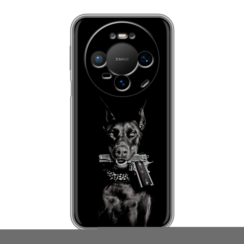 Силиконовый чехол на Huawei Mate 80 Pro с принтом Доберман и пистолет Силиконовый чехол на Huawei Mate 80 Pro с принтом Доберман и пистолет