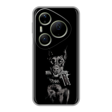 Силиконовый чехол на Huawei Pura 90 Pro Max с принтом Доберман и пистолет Силиконовый чехол на Huawei Pura 90 Pro Max с принтом Доберман и пистолет