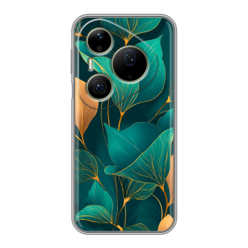 Силиконовый чехол на Huawei Pura 90 Pro Max с принтом Листья и золото