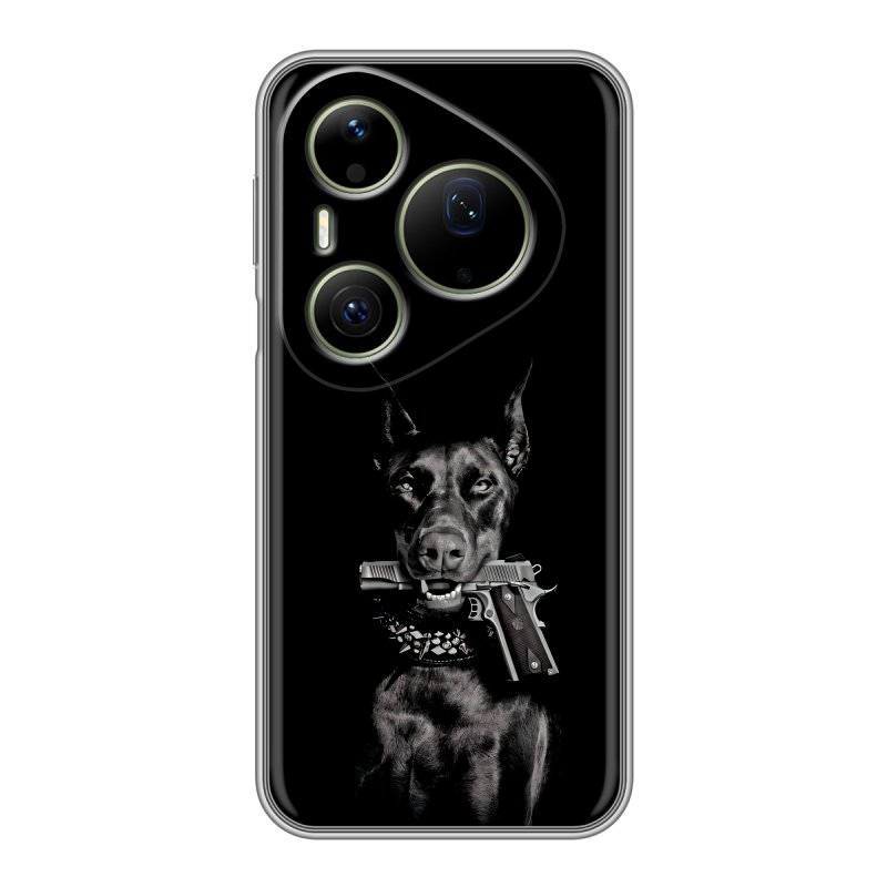 Силиконовый чехол на Huawei Pura 90 Pro Max с принтом Доберман и пистолет Силиконовый чехол на Huawei Pura 90 Pro Max с принтом Доберман и пистолет