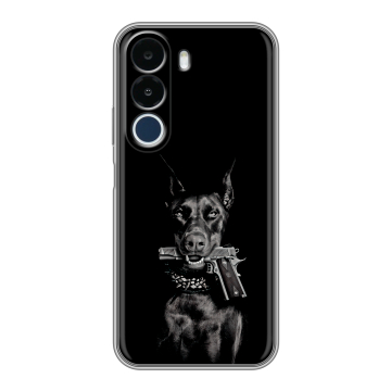 Силиконовый чехол на Realme P4x с принтом Доберман и пистолет