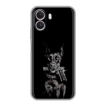 Силиконовый чехол на Realme P4 Lite с принтом Доберман и пистолет Силиконовый чехол на Realme P4 Lite с принтом Доберман и пистолет