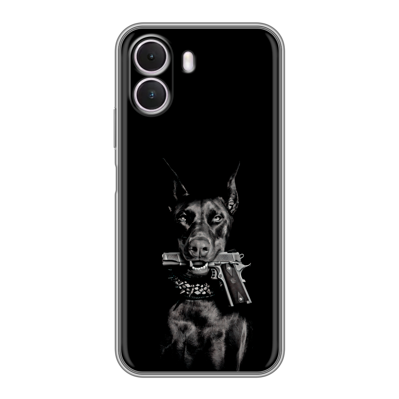 Силиконовый чехол на Realme P4 Lite с принтом Доберман и пистолет Силиконовый чехол на Realme P4 Lite с принтом Доберман и пистолет