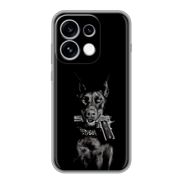 Силиконовый чехол на OPPO Reno16 с принтом Доберман и пистолет Силиконовый чехол на OPPO Reno16 с принтом Доберман и пистолет