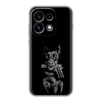 Силиконовый чехол на OPPO Reno 16 Pro 5G с принтом Доберман и пистолет Силиконовый чехол на OPPO Reno 16 Pro 5G с принтом Доберман и пистолет