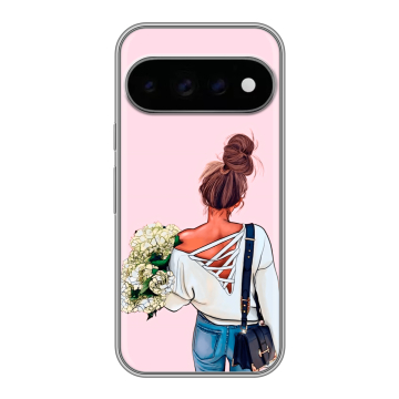 Силиконовый чехол на Google Pixel 11 Pro с принтом Девушка и букет