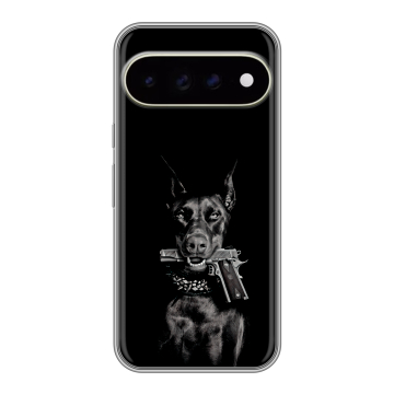 Силиконовый чехол на Google Pixel 11 Pro XL с принтом Доберман и пистолет Силиконовый чехол на Google Pixel 11 Pro XL с принтом Доберман и пистолет