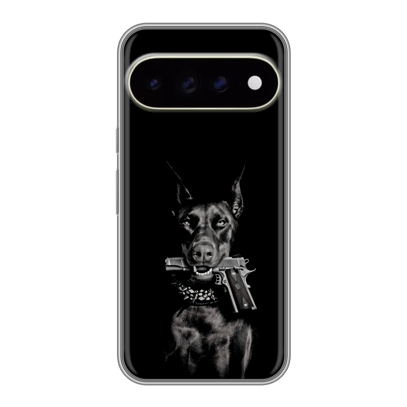 Силиконовый чехол на Google Pixel 11 Pro XL с принтом Доберман и пистолет Силиконовый чехол на Google Pixel 11 Pro XL с принтом Доберман и пистолет