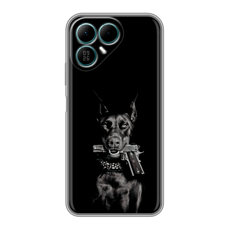 Силиконовый чехол на Tecno Pova 8 с принтом Доберман и пистолет Силиконовый чехол на Tecno Pova 8 с принтом Доберман и пистолет