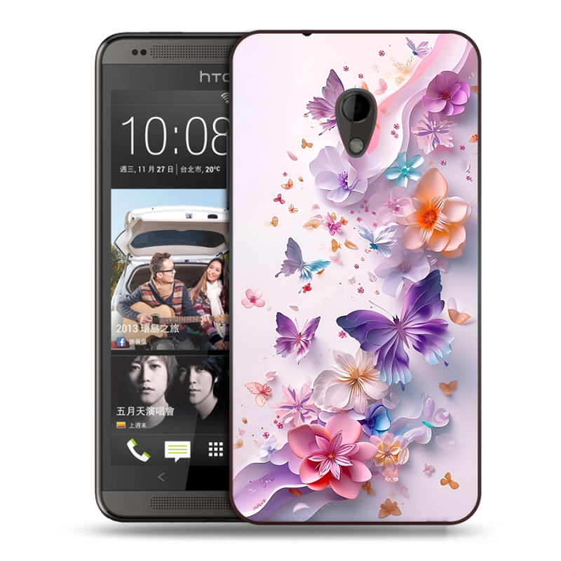 Пластиковый чехол на HTC Desire 700 с принтом цветы бабочки Пластиковый чехол на HTC Desire 700 с принтом цветы бабочки