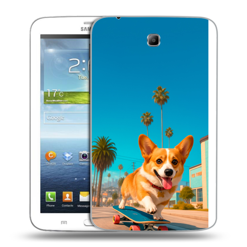 Силиконовый чехол на Samsung Galaxy Tab 3 7.0 с принтом Корги на скейте Силиконовый чехол на Samsung Galaxy Tab 3 7.0 с принтом Корги на скейте