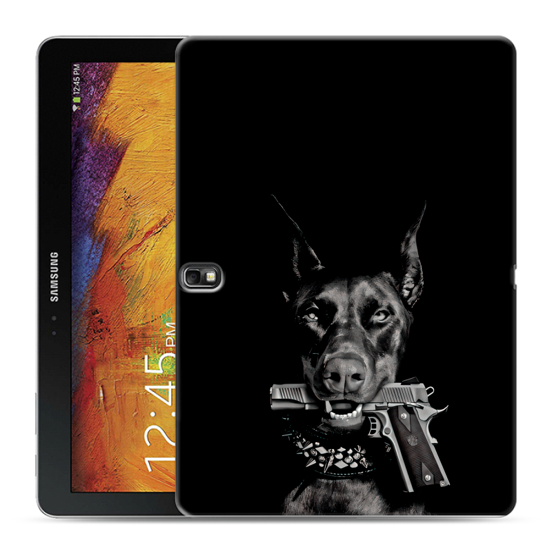 Силиконовый чехол на Samsung Galaxy Note 10.1 2014 editon с принтом Доберман и пистолет Силиконовый чехол на Samsung Galaxy Note 10.1 2014 editon с принтом Доберман и пистолет