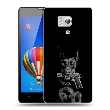 Пластиковый чехол на Huawei Honor 3 с принтом Доберман и пистолет Пластиковый чехол на Huawei Honor 3 с принтом Доберман и пистолет