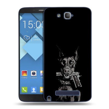 Пластиковый чехол на Alcatel One Touch Hero с принтом Доберман и пистолет