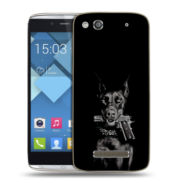 Пластиковый чехол на Alcatel One Touch Idol Alpha с принтом Доберман и пистолет