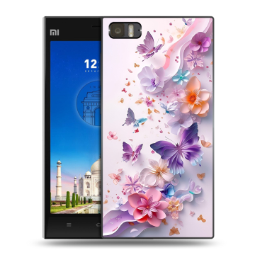 Пластиковый чехол на Xiaomi MI3 с принтом цветы бабочки Пластиковый чехол на Xiaomi MI3 с принтом цветы бабочки