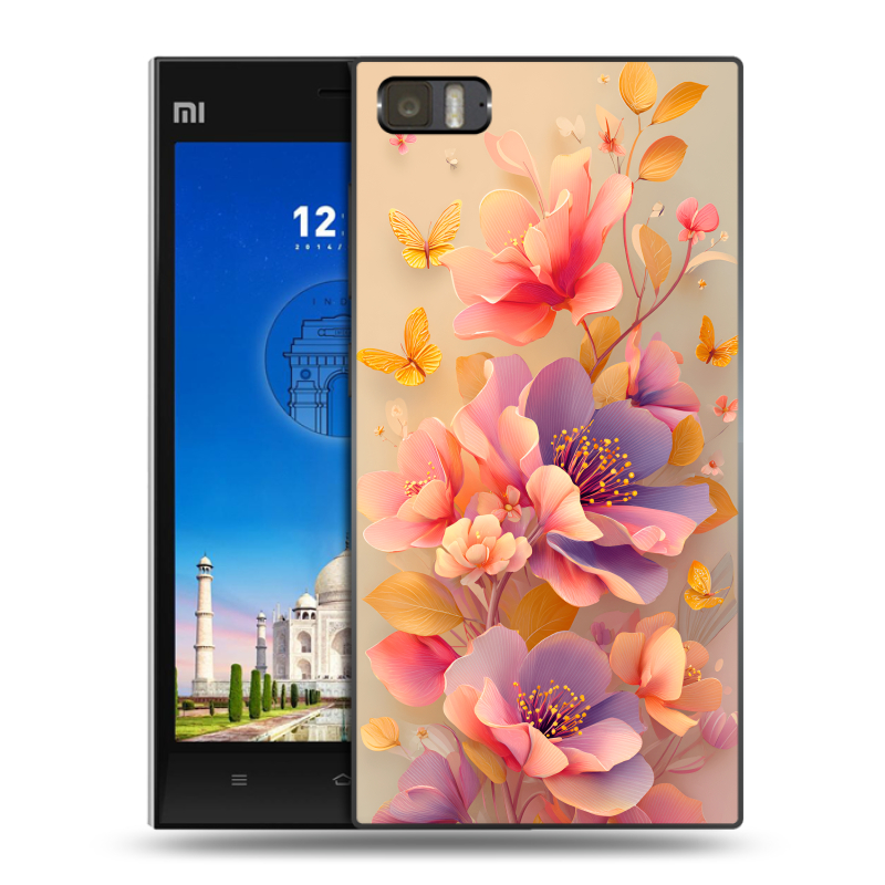 Пластиковый чехол на Xiaomi MI3 с принтом Цветы и бабочки Пластиковый чехол на Xiaomi MI3 с принтом Цветы и бабочки