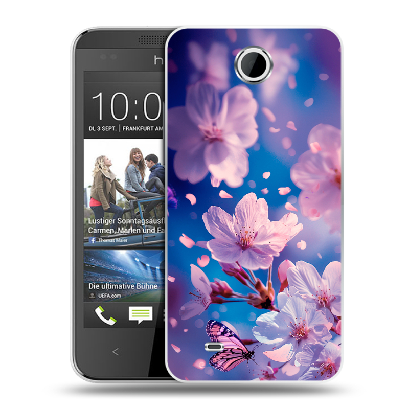 Силиконовый чехол на HTC Desire 300 с принтом цветы бабочки Силиконовый чехол на HTC Desire 300 с принтом цветы бабочки