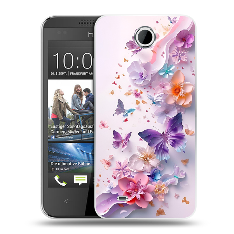 Силиконовый чехол на HTC Desire 300 с принтом цветы бабочки Силиконовый чехол на HTC Desire 300 с принтом цветы бабочки