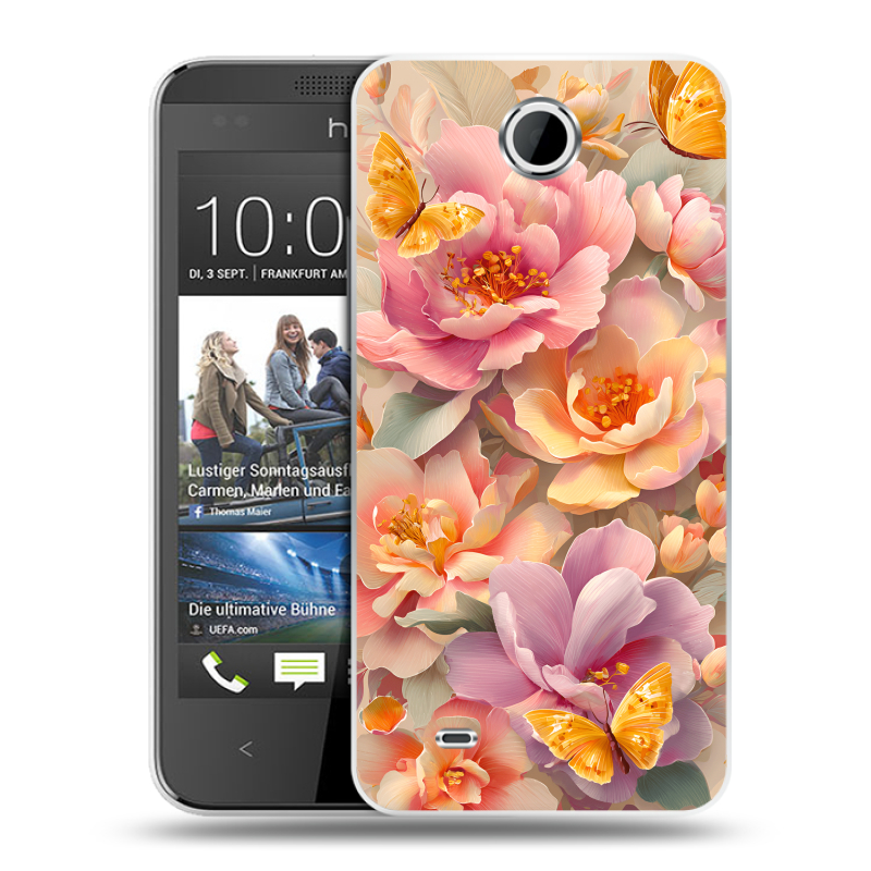 Силиконовый чехол на HTC Desire 300 с принтом Цветы и бабочки Силиконовый чехол на HTC Desire 300 с принтом Цветы и бабочки