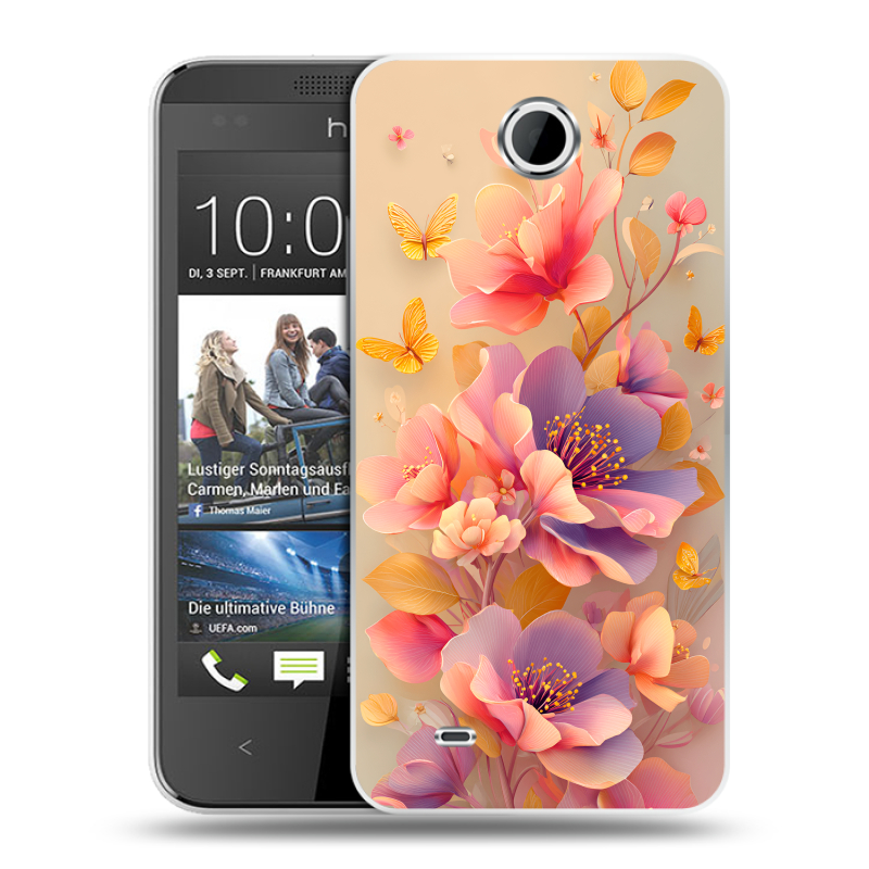 Силиконовый чехол на HTC Desire 300 с принтом Цветы и бабочки Силиконовый чехол на HTC Desire 300 с принтом Цветы и бабочки