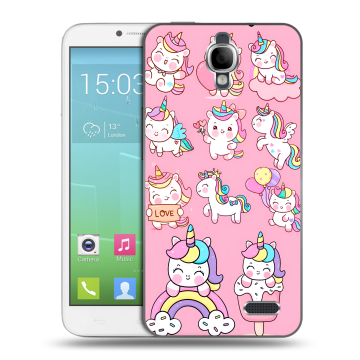 Силиконовый чехол на Alcatel One Touch Idol с принтом Единороги и радуга