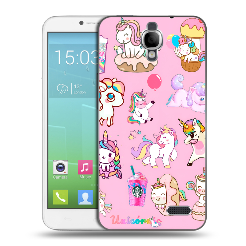 Силиконовый чехол на Alcatel One Touch Idol с принтом розовые единороги Силиконовый чехол на Alcatel One Touch Idol с принтом розовые единороги