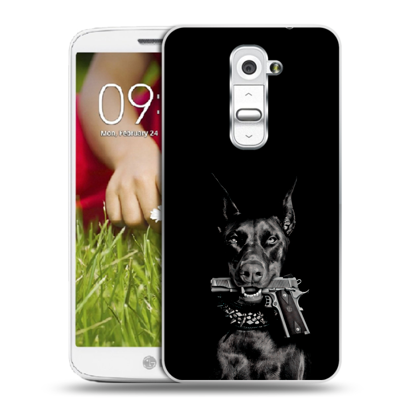 Пластиковый чехол на LG Optimus G2 mini с принтом Доберман и пистолет Пластиковый чехол на LG Optimus G2 mini с принтом Доберман и пистолет