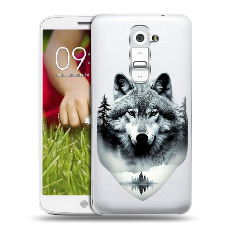 Пластиковый чехол на LG Optimus G2 mini с принтом Волк в лесу Пластиковый чехол на LG Optimus G2 mini с принтом Волк в лесу