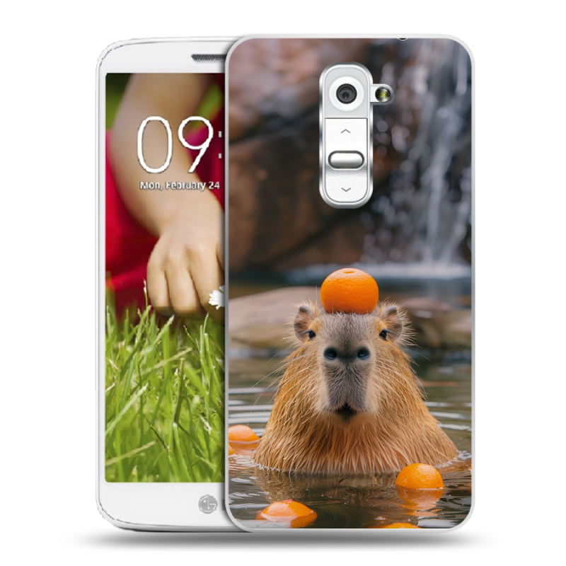 Пластиковый чехол на LG Optimus G2 mini с принтом Капибара с апельсином Пластиковый чехол на LG Optimus G2 mini с принтом Капибара с апельсином
