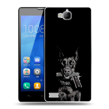 Пластиковый чехол на Huawei Honor 3c с принтом Доберман и пистолет Пластиковый чехол на Huawei Honor 3c с принтом Доберман и пистолет