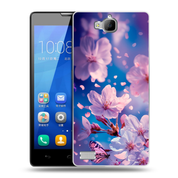 Пластиковый чехол на Huawei Honor 3c с принтом цветы бабочки