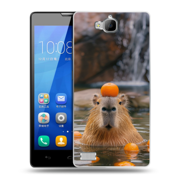 Пластиковый чехол на Huawei Honor 3c с принтом Капибара с апельсином Пластиковый чехол на Huawei Honor 3c с принтом Капибара с апельсином