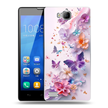 Пластиковый чехол на Huawei Honor 3c с принтом цветы бабочки