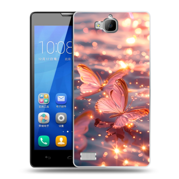 Пластиковый чехол на Huawei Honor 3c с принтом бабочки розовые Пластиковый чехол на Huawei Honor 3c с принтом бабочки розовые