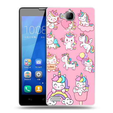 Пластиковый чехол на Huawei Honor 3c с принтом Единороги и радуга Пластиковый чехол на Huawei Honor 3c с принтом Единороги и радуга