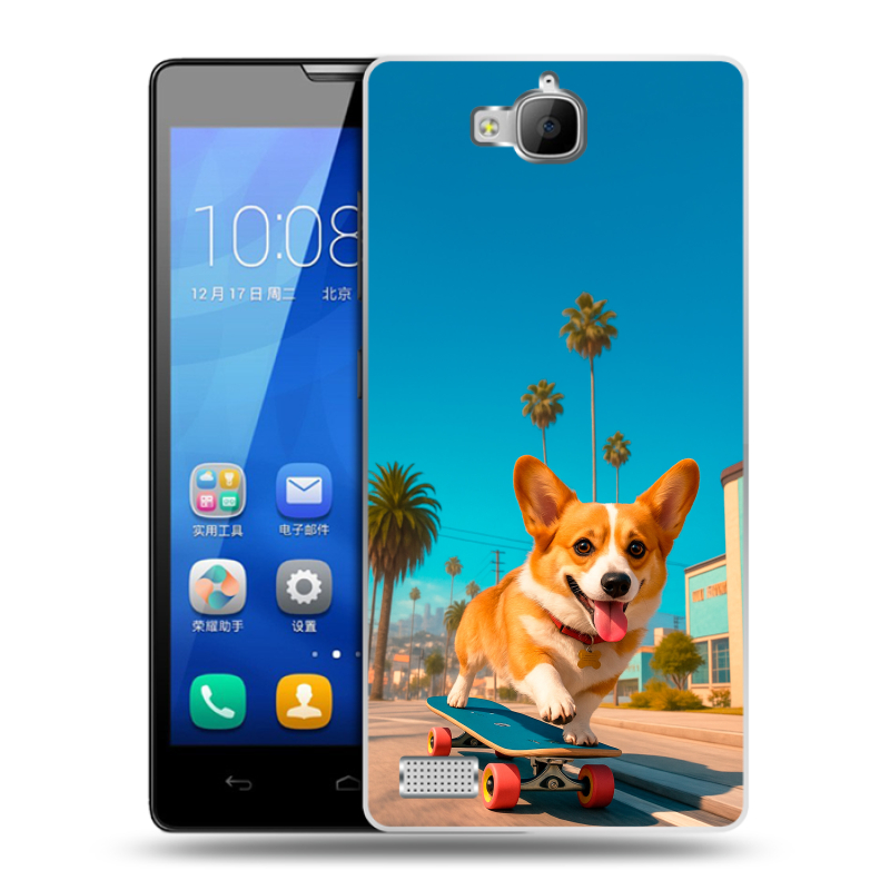 Пластиковый чехол на Huawei Honor 3c с принтом Корги на скейте Пластиковый чехол на Huawei Honor 3c с принтом Корги на скейте