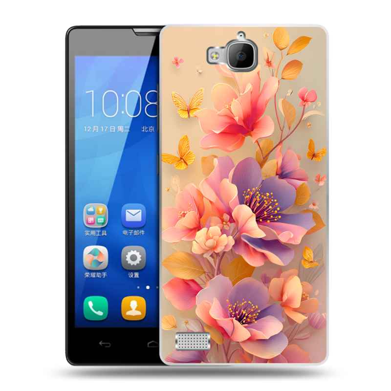 Пластиковый чехол на Huawei Honor 3c с принтом Цветы и бабочки Пластиковый чехол на Huawei Honor 3c с принтом Цветы и бабочки