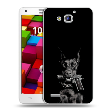 Пластиковый чехол на Huawei Honor 3x с принтом Доберман и пистолет Пластиковый чехол на Huawei Honor 3x с принтом Доберман и пистолет