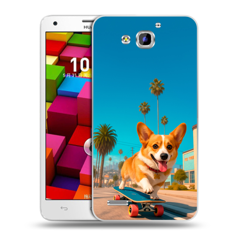 Пластиковый чехол на Huawei Honor 3x с принтом Корги на скейте Пластиковый чехол на Huawei Honor 3x с принтом Корги на скейте