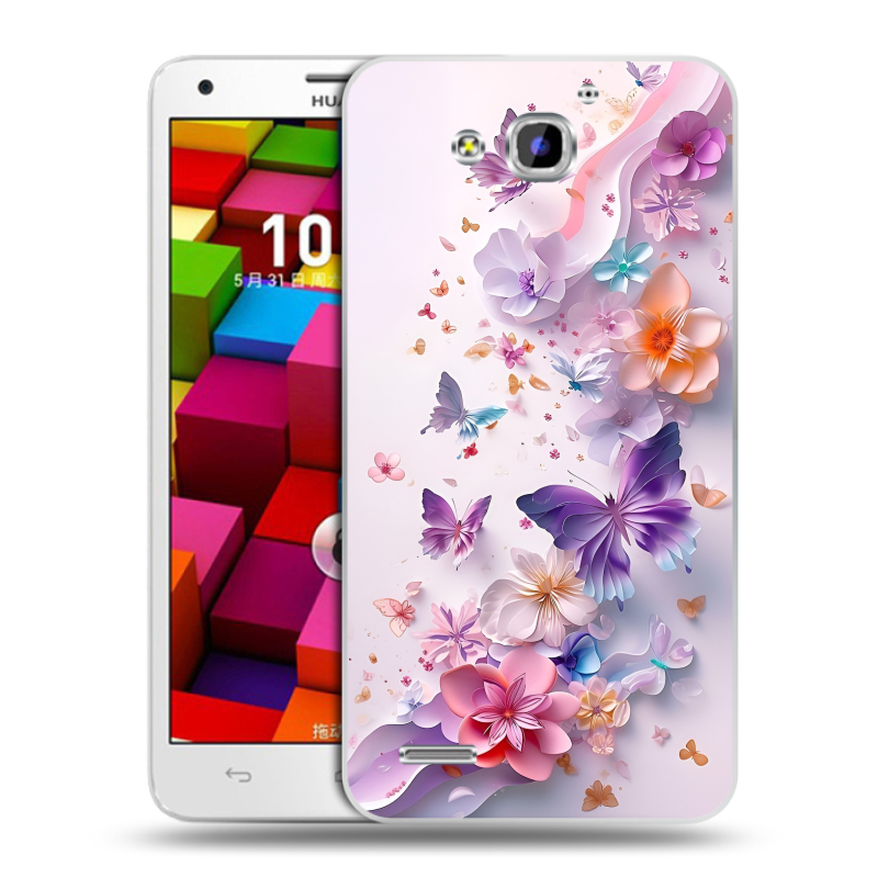 Пластиковый чехол на Huawei Honor 3x с принтом цветы бабочки Пластиковый чехол на Huawei Honor 3x с принтом цветы бабочки