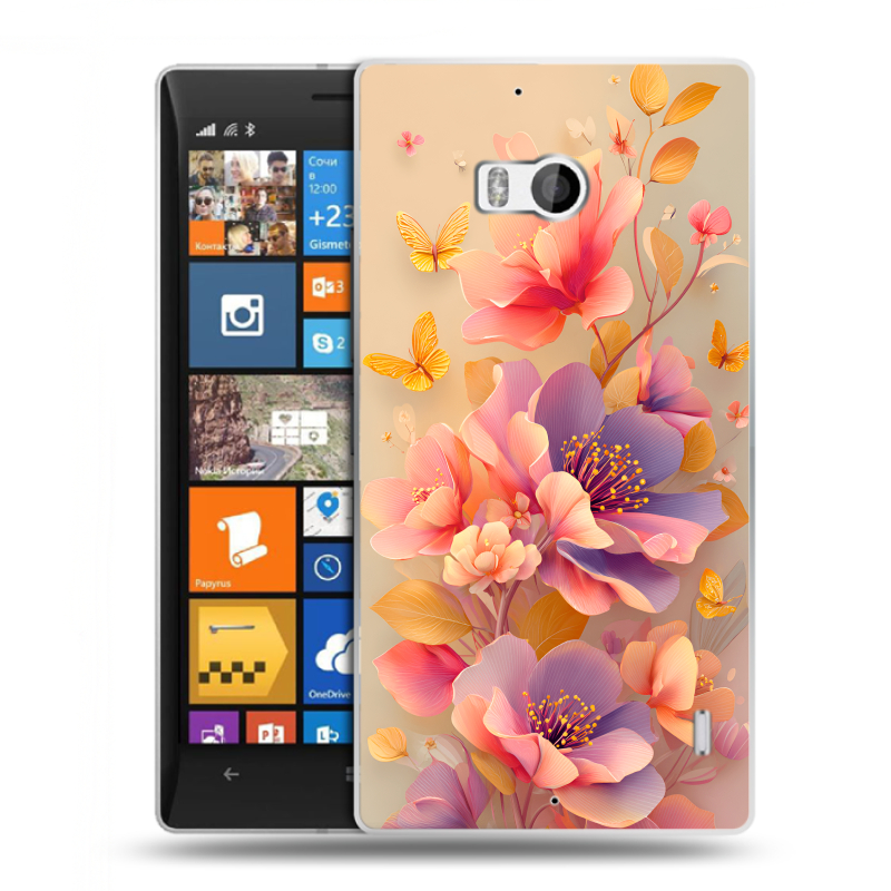 Силиконовый чехол на Nokia Lumia 930 с принтом Цветы и бабочки Силиконовый чехол на Nokia Lumia 930 с принтом Цветы и бабочки