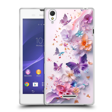 Силиконовый чехол на Sony Xperia T3 с принтом цветы бабочки