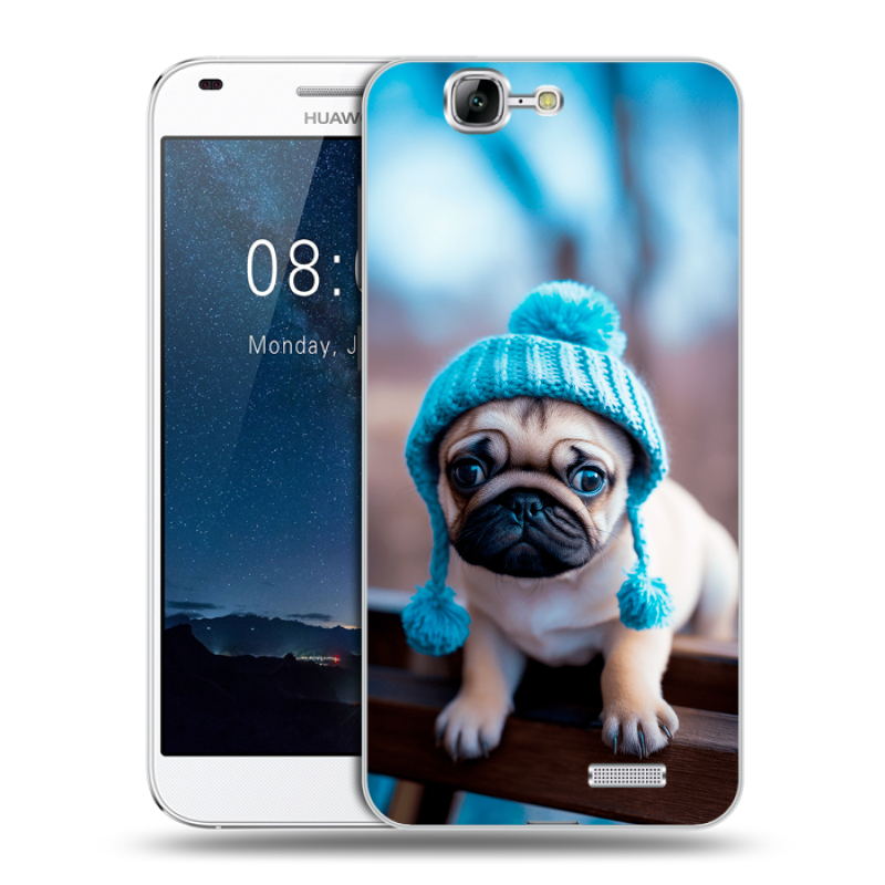 Силиконовый чехол на Huawei Ascend G7 с принтом Мопс в шапке Силиконовый чехол на Huawei Ascend G7 с принтом Мопс в шапке