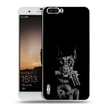 Силиконовый чехол на Huawei Honor 6 Plus с принтом Доберман и пистолет