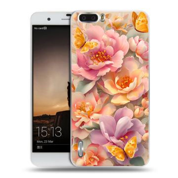 Силиконовый чехол на Huawei Honor 6 Plus с принтом Цветы и бабочки Силиконовый чехол на Huawei Honor 6 Plus с принтом Цветы и бабочки