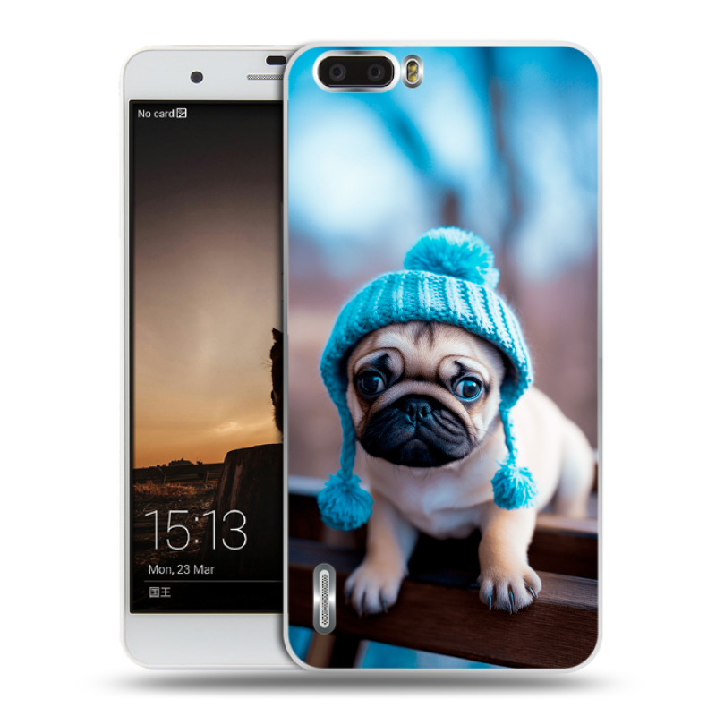 Силиконовый чехол на Huawei Honor 6 Plus с принтом Мопс в шапке Силиконовый чехол на Huawei Honor 6 Plus с принтом Мопс в шапке