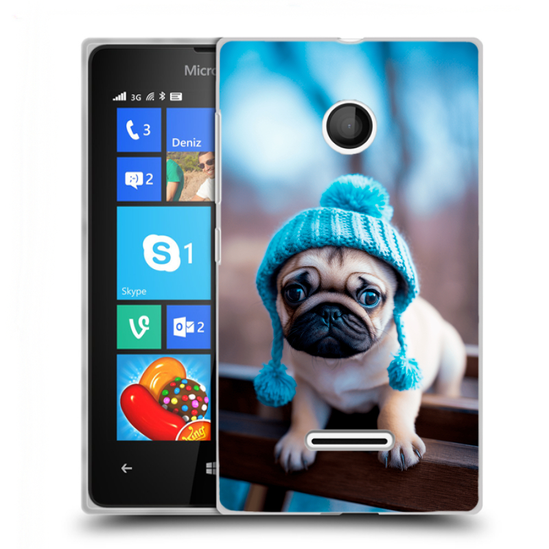 Пластиковый чехол на Microsoft Lumia 435 с принтом Мопс в шапке Пластиковый чехол на Microsoft Lumia 435 с принтом Мопс в шапке