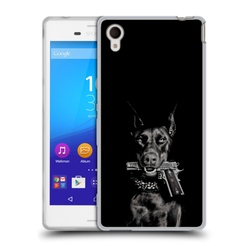 Пластиковый чехол на Sony Xperia M4 Aqua с принтом Доберман и пистолет Пластиковый чехол на Sony Xperia M4 Aqua с принтом Доберман и пистолет